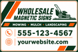 Custom lawn care adhesive vinyl decal sign with company name, phone number, website, mowing, mulch, and landscaping services