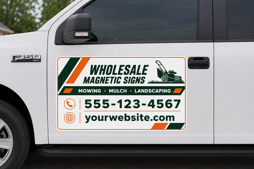 Custom lawn care vehicle sign with company name, phone number, website, mowing, mulch, and landscaping services