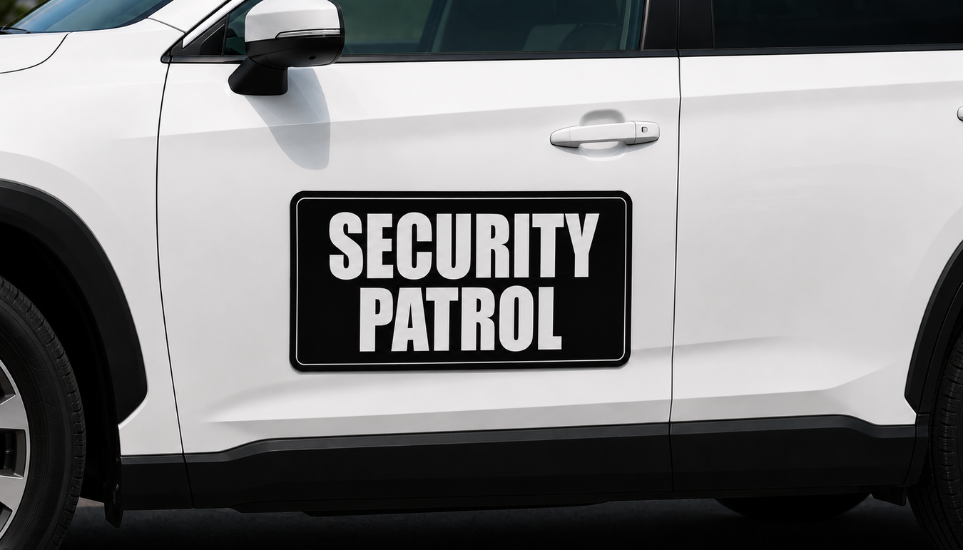 Security patrol magnetic sign displayed on a patrol vehicle door