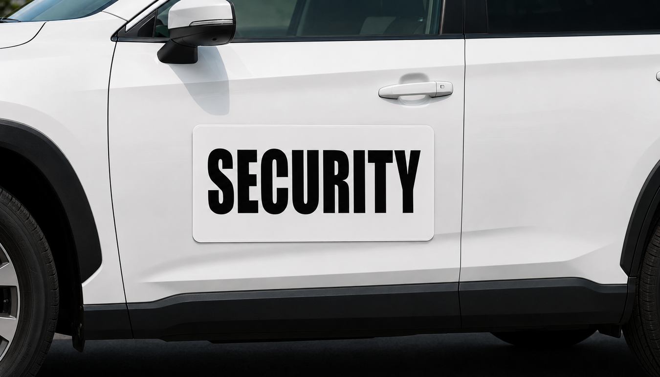 Private security vehicle equipped with magnetic patrol signage for professional identification