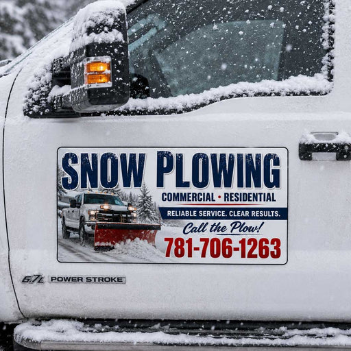 photo of a magnetic sign with a snow plow on it that advertises a snow plowing business on a snow plowing vehicle