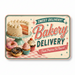 Vintage-style bakery delivery sign with cake, donuts, and cupcakes on a checkered background.
