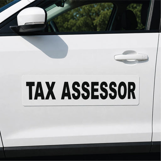 Car with 'TAX ASSESSOR' decal on a white background