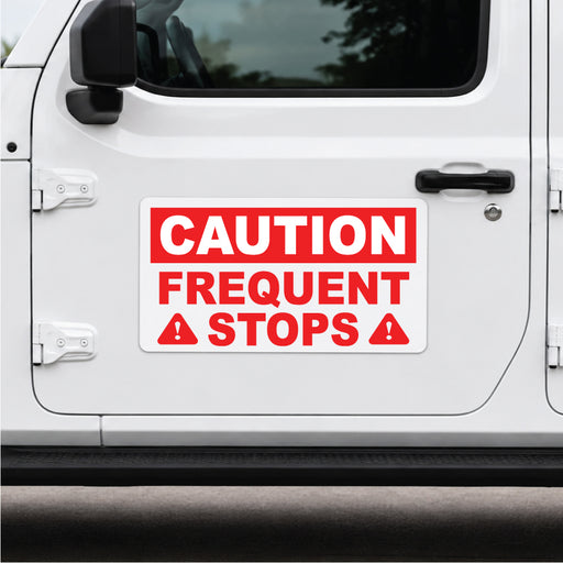 White vehicle door with a red and white caution frequent stops magnetic sign.