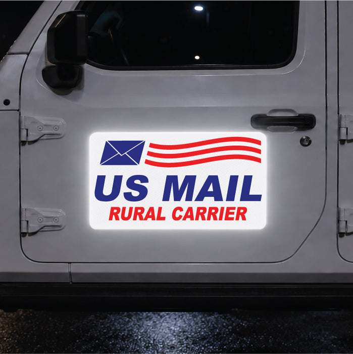 Reflective US Mail Rural Carrier magentic sign on a vehicle door