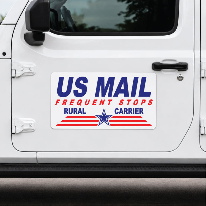 US Mail frequent stops rural carrier sticker  or magnetic sign on a white vehicle door
