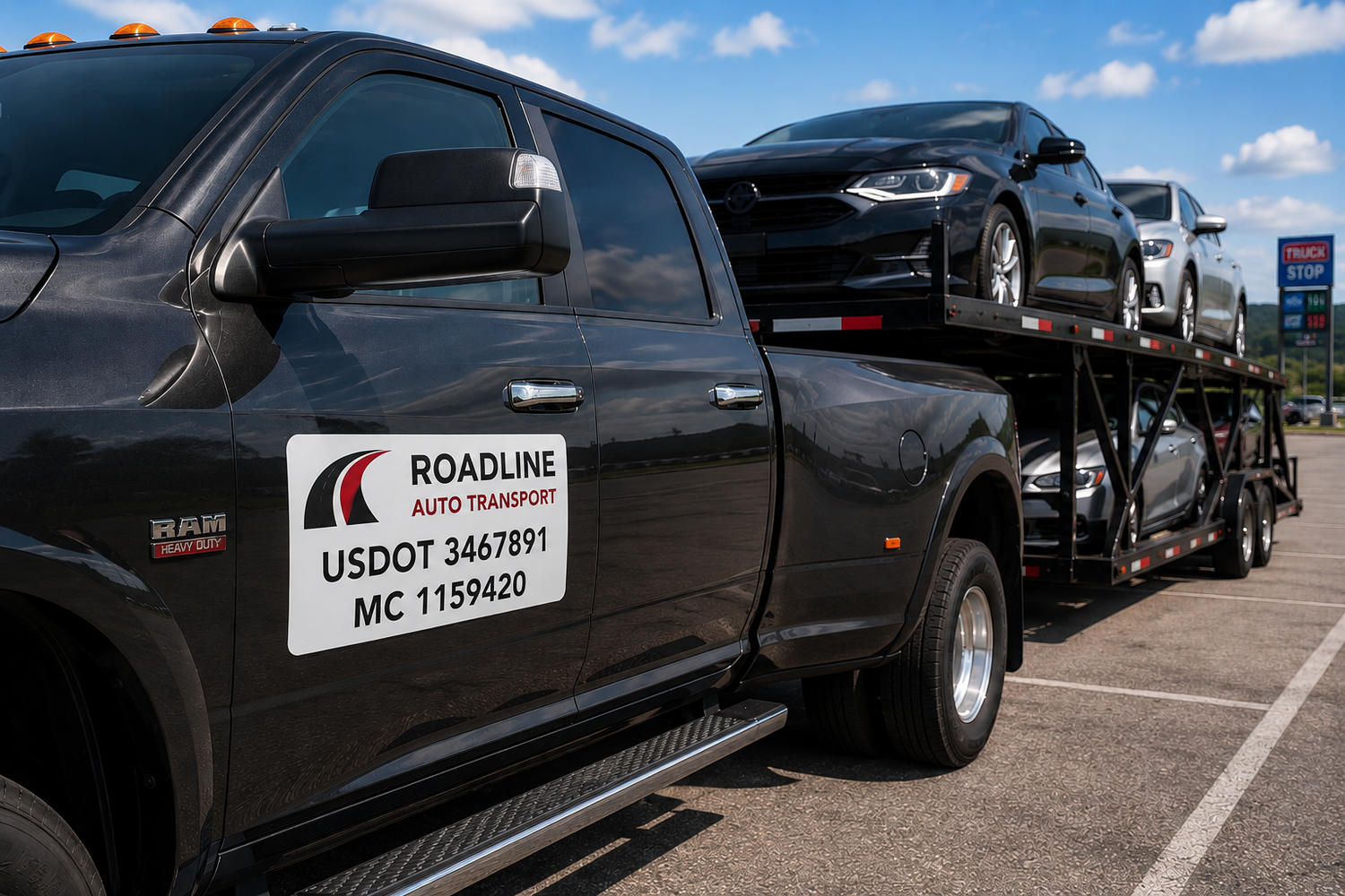 Auto transport truck displaying a removable USDOT magnetic sign on the driver door