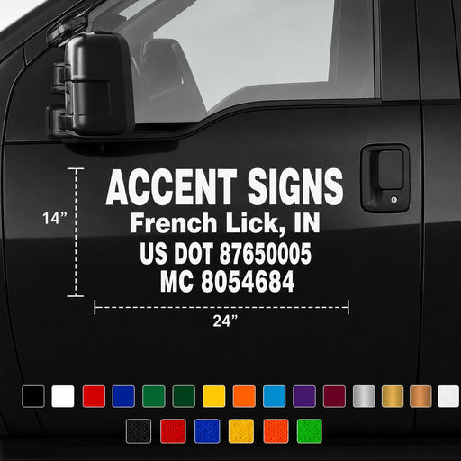 Black vehicle with white USDOT Vinyl text and color swatches at the bottom
