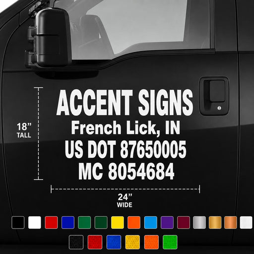 USDOT decal on a black vehicle with dimensions and contact information.