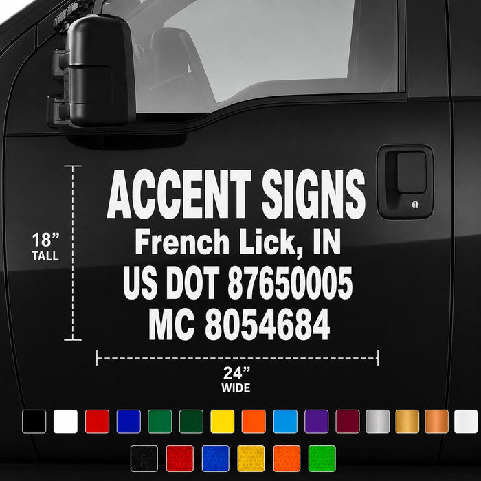 USDOT decal on a black vehicle with dimensions and contact information.