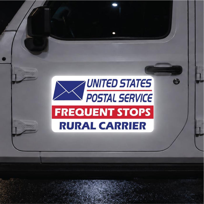 United States Postal Service sticker on a vehicle door