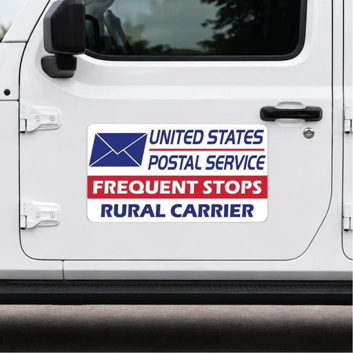 United States Postal Service sticker on a white vehicle door