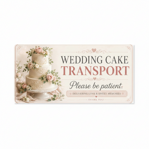 Decorative banner with a wedding cake and floral elements, featuring text about wedding cake transport.