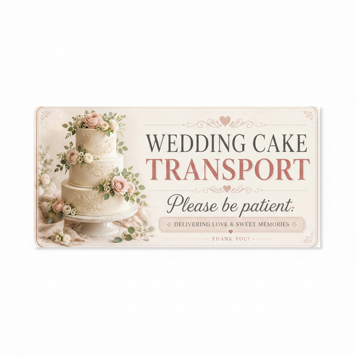 Decorative banner with a wedding cake and floral elements, featuring text about wedding cake transport.