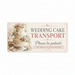 Decorative banner with a wedding cake and floral elements, featuring text about wedding cake transport.