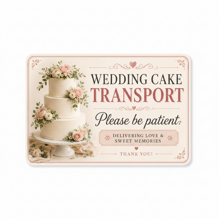 Advertisement for wedding cake transport with a decorative cake and floral elements.