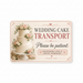 Advertisement for wedding cake transport with a decorative cake and floral elements.