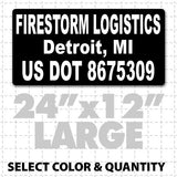 USDOT compliant magnetic truck sign with black and white company lettering to meet DOT number transportation regulations.