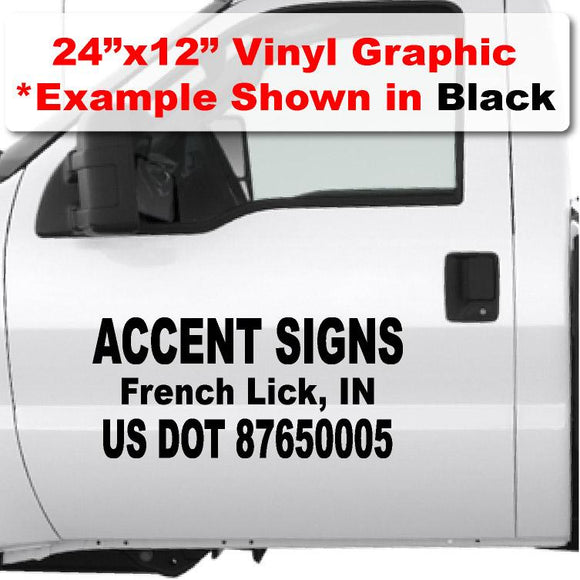 Custom usdot vinyl decal stickers for trucks that meet 50 foot US DOT compliance with large company name and DOT number.