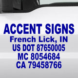 USDOT Decals for trucks installed on door with large easy to read lettering with many colors that meets US DOT regulations.