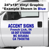 Large 24x18 DOT number stickers for trucking industry to be compliant with USDOT authority when transporting goods for sale. 