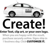 Design a custom car magnet and purchase securely online. Image shows black and white magnetic sign layout with instructions.